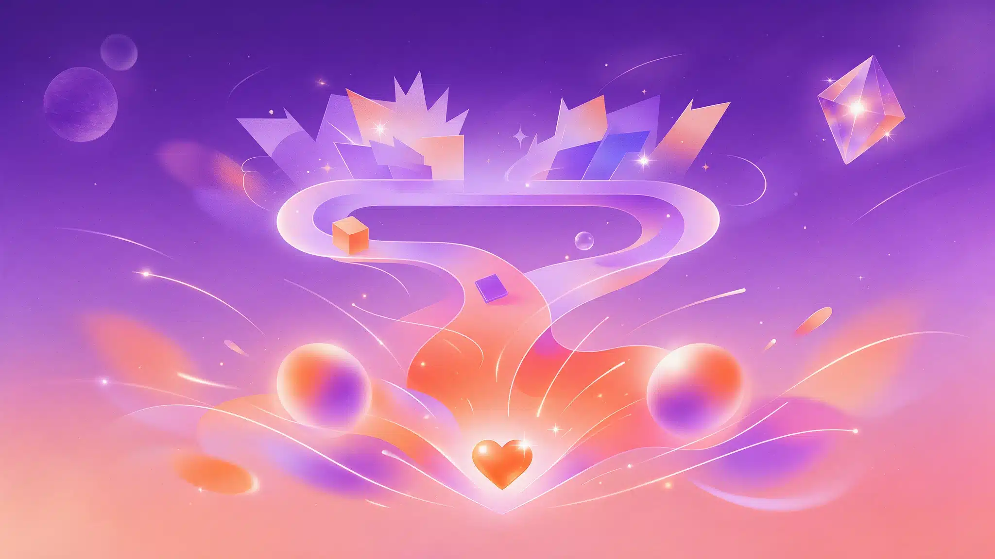 Abstracte illustratie met een stroom geometrische vormen en een oranje hart, als metafoor voor visuele content die raakt.